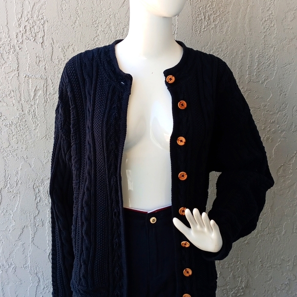 L.L. BEAN LADIES PURE COTTON CABLE KNIT HEAVY CARDIGAN SWEATER